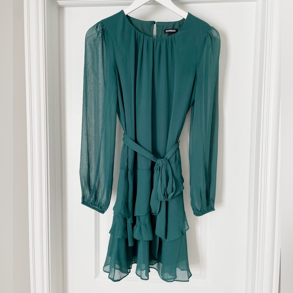 Express aqua/ teal long sleeved mini dress with ruffle detail